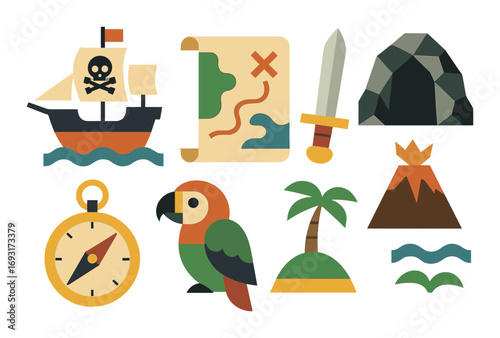 Treasure hunt flat icons set. featuring ship, map, sword, cave, compass, parrot, island, volcano, and waves.