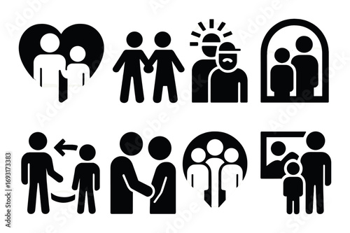 Human interaction silhouette icon set. featuring couple, family, meeting, teamwork, community, and handshake symbols.