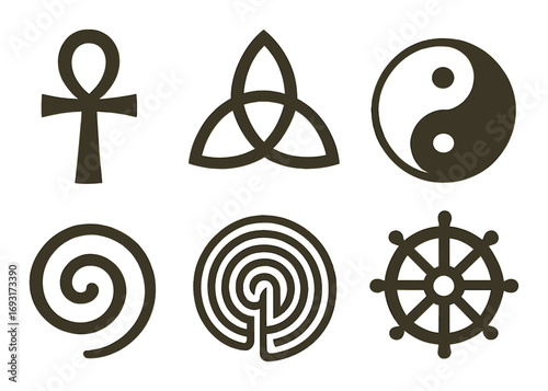 Ancient symbols silhouette icon set. featuring ankh, celtic, yin-yang, spiral, maze, wheel.