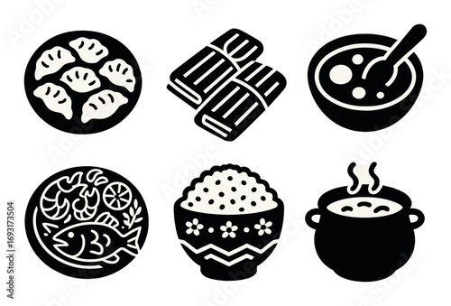 Traditional asian cuisine silhouette icon set. featuring dumplings, tamales, soup, fish, rice, stew.