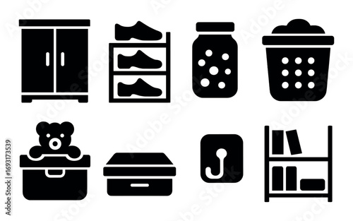 Home organization silhouette icon set. featuring wardrobe, shoe rack, jar, basket, toy box, suitcase, hook, bookshelf.