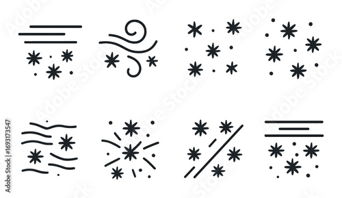 Weather silhouette icon set. featuring wind, snow, rain, storm, cloud, sun, fog, and frost symbols.