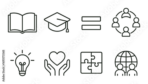 Education and community linear icon set. featuring book, graduation cap, equality, team, lightbulb, heart, puzzle, globe.