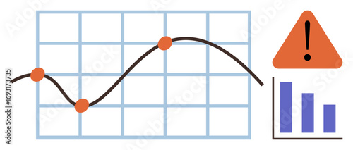 Line graph with plotted data points, bar chart, and triangular warning alert. Ideal for analytics, business, risk management, financial trends, forecasting, reporting performance tracking simple
