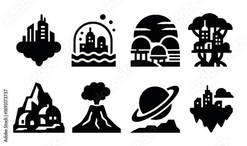Futuristic city silhouette icon set. featuring floating city, dome, tree city, mountain, volcano, planet..