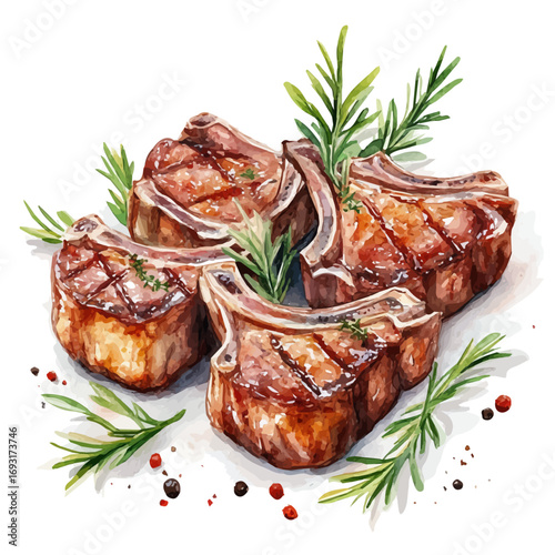 watercolor vector of Lamb Chops, isolated on a white background.