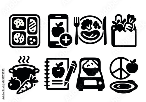 Food and nutrition silhouette icons set. featuring lunchbox, meal plans, grocery, cooking, recipes, and healthy eating symbols.