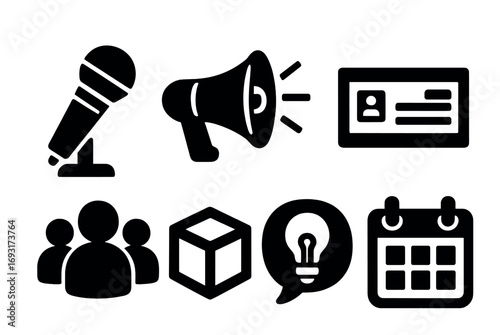 Business communication silhouette icon set. featuring microphone, megaphone, id card, group, package, idea, and calendar icons.