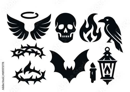 Halloween silhouette icon set. featuring angel wing, skull, flame, raven, crown, bat, lantern, and candle symbols.