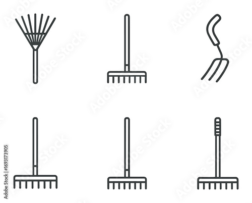 Gardening tools linear icon set. featuring rake, hoe, pitchfork, spade, and shovel symbols.