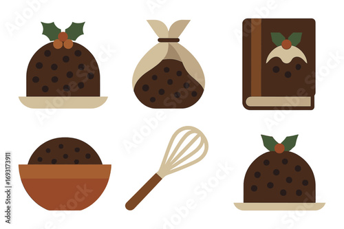 Christmas pudding flat icon set. featuring pudding, holly, book, sack, bowl, whisk symbols.