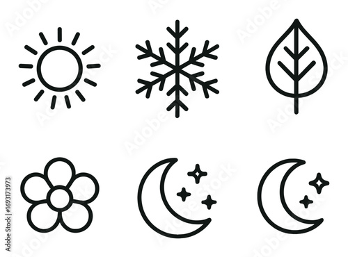 Seasonal linear icon set. featuring sun, snowflake, leaf, flower, crescent moon, and star symbols.
