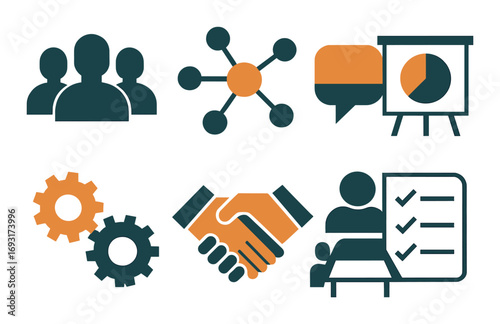 Business and networking silhouette icon set. featuring team, network, chat, presentation, gears, handshake, checklist.