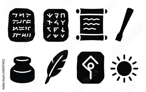 Ancient writing silhouette icon set. featuring tablets, scroll, chisel, ink, feather, sun symbols.