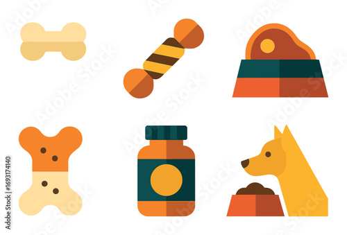 Pet supplies flat icons set. featuring bone, chew, food bowl, treat, vitamin, dog silhouette.