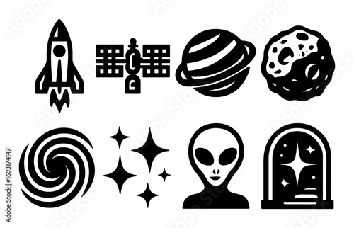 Space exploration silhouette icon set. featuring rocket, satellite, planet, asteroid, galaxy, stars, alien, observatory.