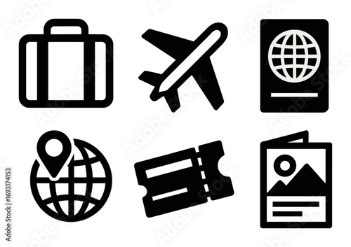Travel silhouette icon set. featuring luggage, airplane, passport, globe, ticket, and brochure symbols.