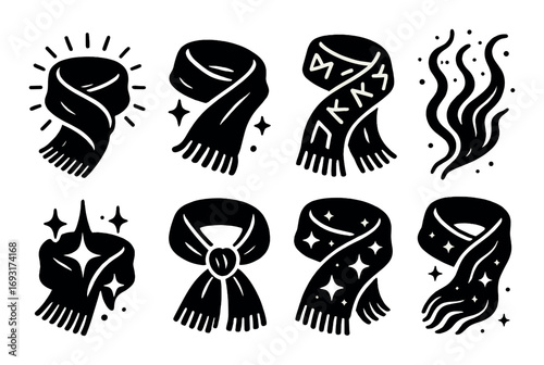 Winter accessories silhouette icon set. featuring scarves, wool, magic, warmth, and texture symbols.