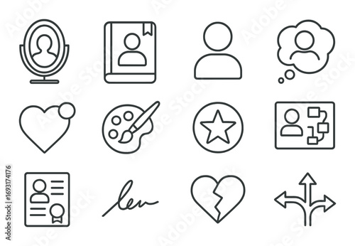 Creative tools linear icon set. featuring profile, book, user, message, favorite, heart, color palette, star, strategy, resume, signature, broken heart, arrows symbols.