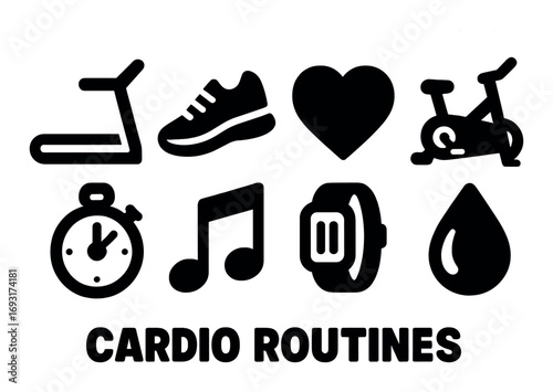 Fitness silhouette icon set. treadmill, sneaker, heart, bike, timer, music, smartwatch, water drop.