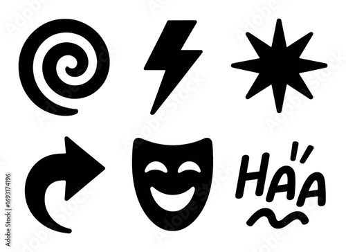 Theater and entertainment silhouette icon set. featuring spiral, lightning, star, arrow, comedy mask, haha symbols.