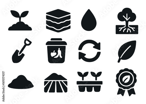 Agriculture and farming silhouette icon set. featuring plant, soil, shovel, recycling, and tree symbols.