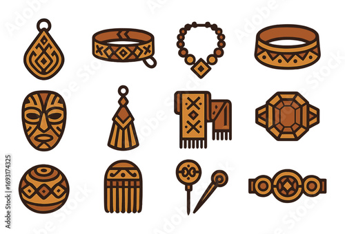 African art and jewelry linear icon set. featuring masks, necklaces, rings, and earrings symbols.