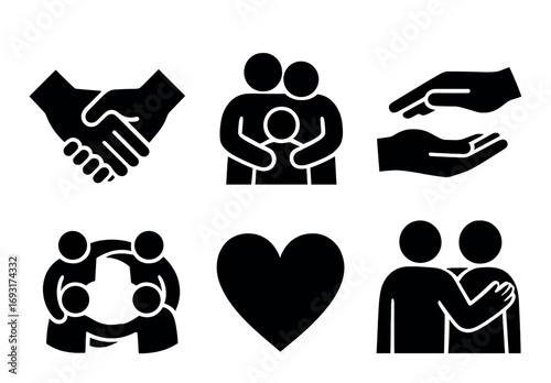 Family and support silhouette icons set. featuring handshake, embrace, hands, unity, heart, and group symbols.