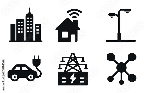 Smart city silhouette icon set. featuring building, smart home, streetlight, electric car, power grid, network.