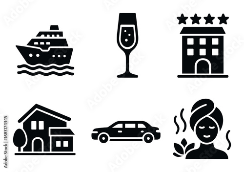 Hospitality silhouette icon set. featuring cruise, wine, hotel, house, car, and spa symbols.