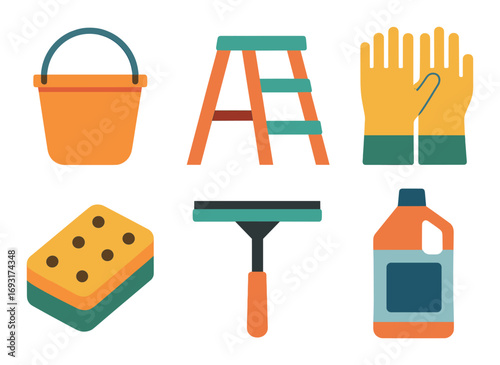 Cleaning tools flat icon set. featuring bucket, ladder, gloves, sponge, squeegee, detergent.