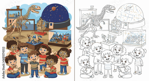 Children Exploring a Museum Exhibit with Dinosaur Skeleton and Planetarium Display - A Coloring Project