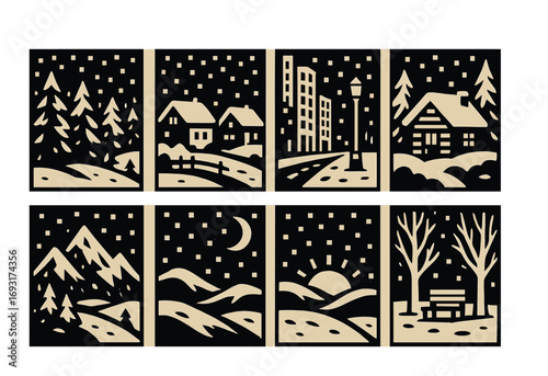 Winter scenery silhouette icons set. featuring forest, houses, city, cabin, mountains, moon, sunrise, park.