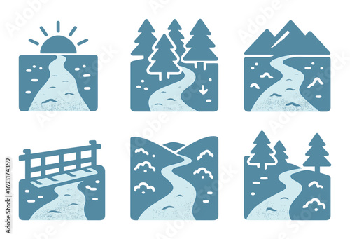 Nature and landscape silhouette icon set. featuring river, forest, mountains, sunrise, and path symbols.