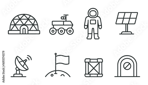 Space exploration linear icon set. featuring mars rover, astronaut, dome, solar panel, satellite, flag.