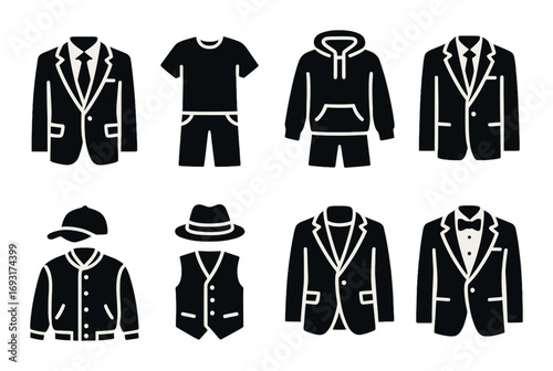 Clothing silhouette icon set. featuring suit, t-shirt, hoodie, vest, cap, and hat symbols.