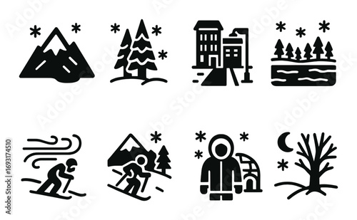Winter activities silhouette icon set. featuring skiing, snowboarding, igloo, mountain, forest, and snowflake symbols.