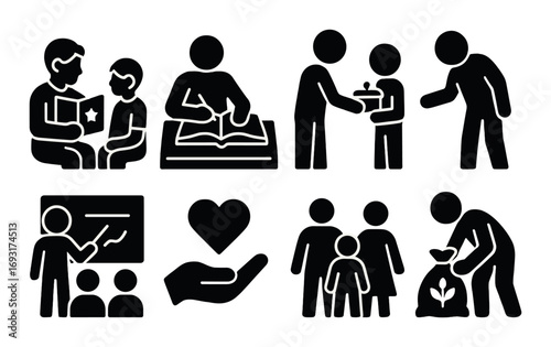 Education and parenting silhouette icon set. featuring reading, teaching, sharing, mentoring, and nurturing symbols.