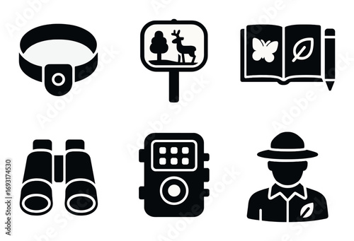 Nature exploration silhouette icon set. featuring headlamp, wildlife sign, field guide, binoculars, trail camera, park ranger.