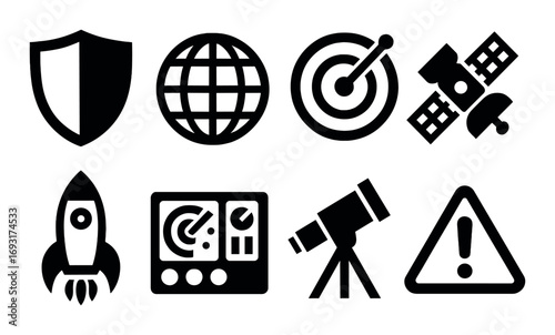 Space and security silhouette icons set. featuring shield, globe, target, satellite, rocket, radar, telescope, warning.