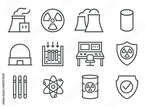 Nuclear energy linear icon set. featuring plant, radiation, cooling tower, reactor, control panel, and shield icons.