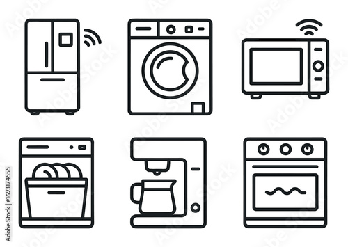 Home appliances linear icon set. featuring fridge, washing machine, microwave, dishwasher, coffee maker, oven.