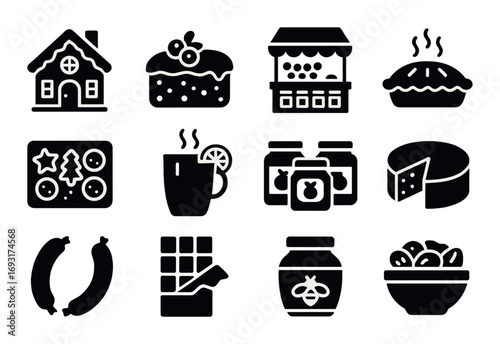 Food and drink silhouette icons set. featuring house, cake, market, pie, pizza, drink, jam, cheese, sausage, chocolate, honey, salad.