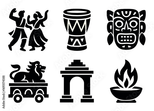 Cultural festivities silhouette icon set. featuring dance, drum, mask, lion, gate, and flame symbols.