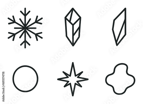 Geometric shape silhouette icon set. featuring snowflake, prism, diamond, oval, starburst, clover symbols.