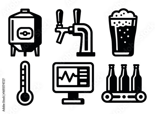 Brewery equipment silhouette icon set. featuring brewing tank, beer tap, pint glass, thermometer, monitor, bottling.