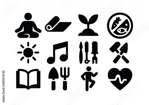 Wellness and gardening silhouette icon set. featuring yoga, mat, plant, diet, sunlight, music, tools, and heart symbols.