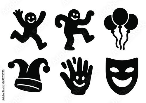 Celebration silhouette icon set. featuring dancers, balloons, jester hat, waving hand, comedy mask symbols.
