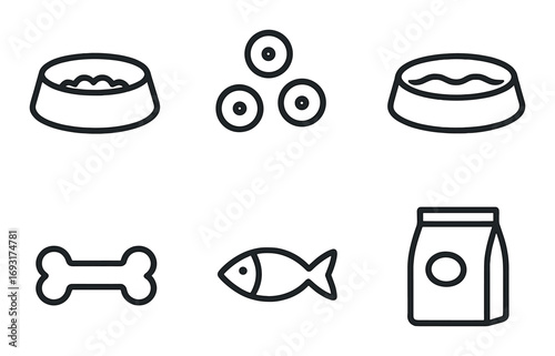 Pet care silhouette icon set. featuring food bowl, treats, water bowl, bone, fish, food bag symbols.