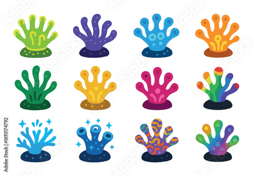 Abstract aquatic silhouette icon set. featuring sea plants, coral, marine, ocean, reef, vivid, colorful symbols.